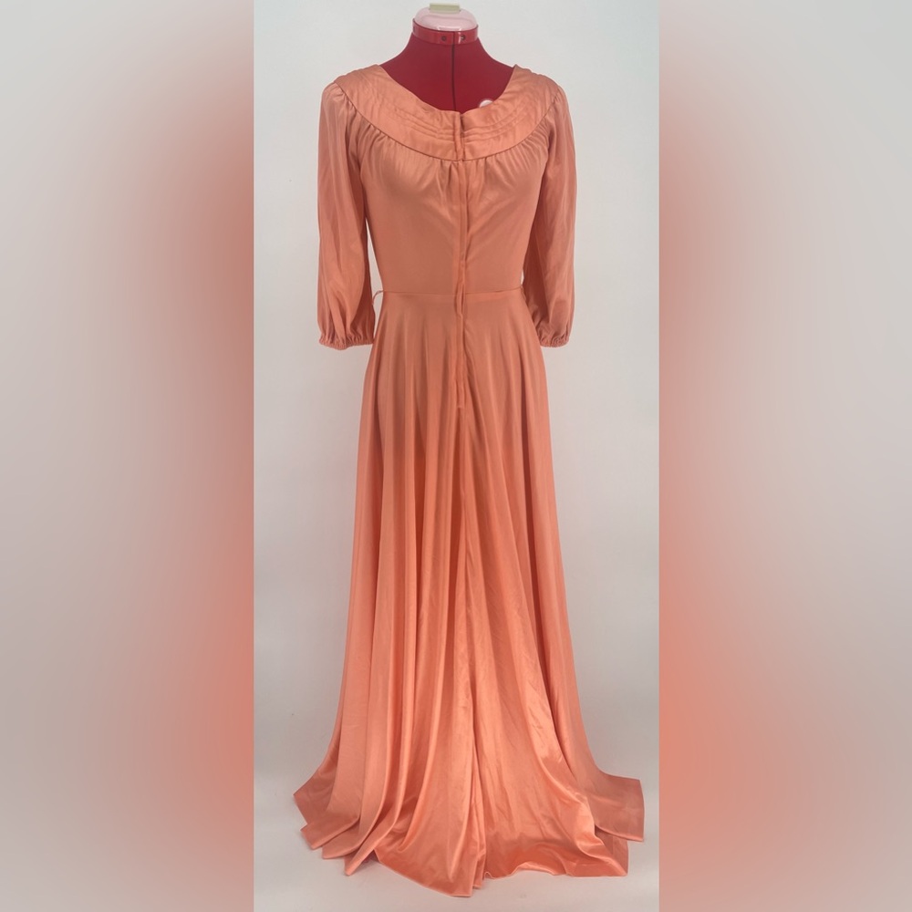 1970s Coral Nylon Hostess Dress House Coat / Maxi Length Lounging Gown - Picture 2 of 16